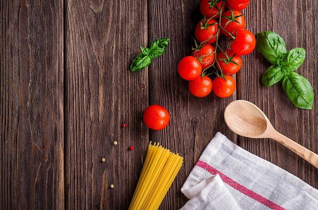 a countertop with cooking implements